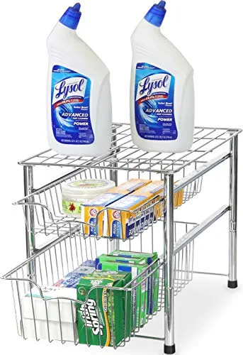 SimpleHouseware Stackable 2 Tier Sliding Basket Organizer Drawer, Chrome