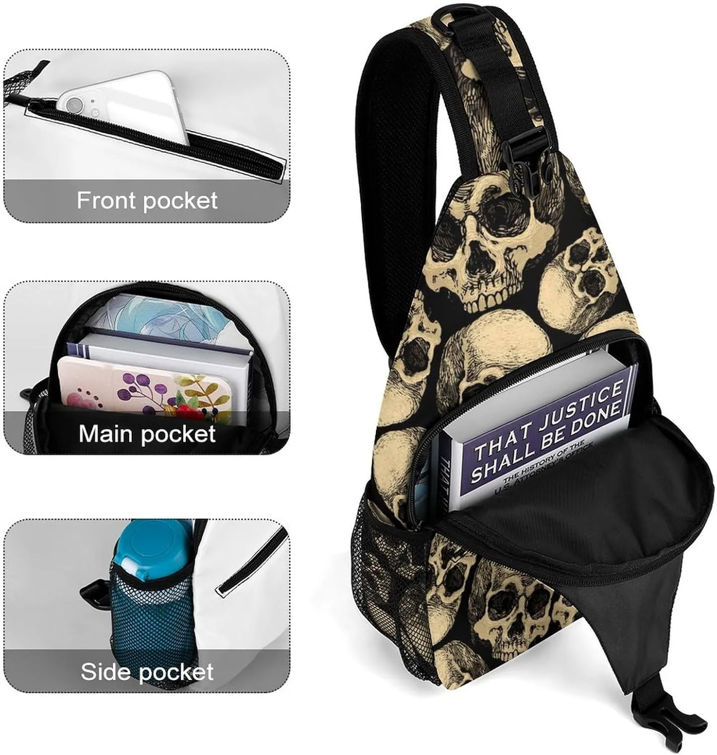 Skulls-black-background Crossbody Sling Bag for Women Men Travel Chest Bag, Cycling Shoulder Backpack