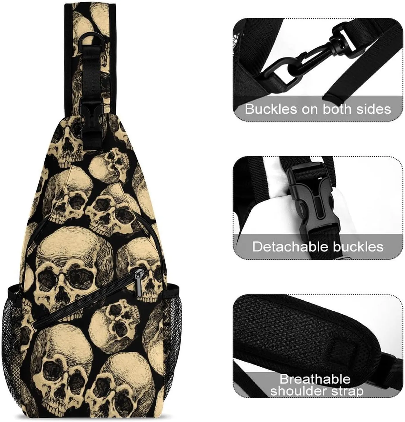 Skulls-black-background Crossbody Sling Bag for Women Men Travel Chest Bag, Cycling Shoulder Backpack