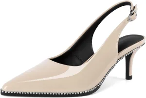 Sling Back Heels Women Sliver Beaded Kitten Pumps Closed Pointy Toe Mid Stiletto Heels Wedding Party Casual Dress Shoes Elegant 2.5 Inch Sandals