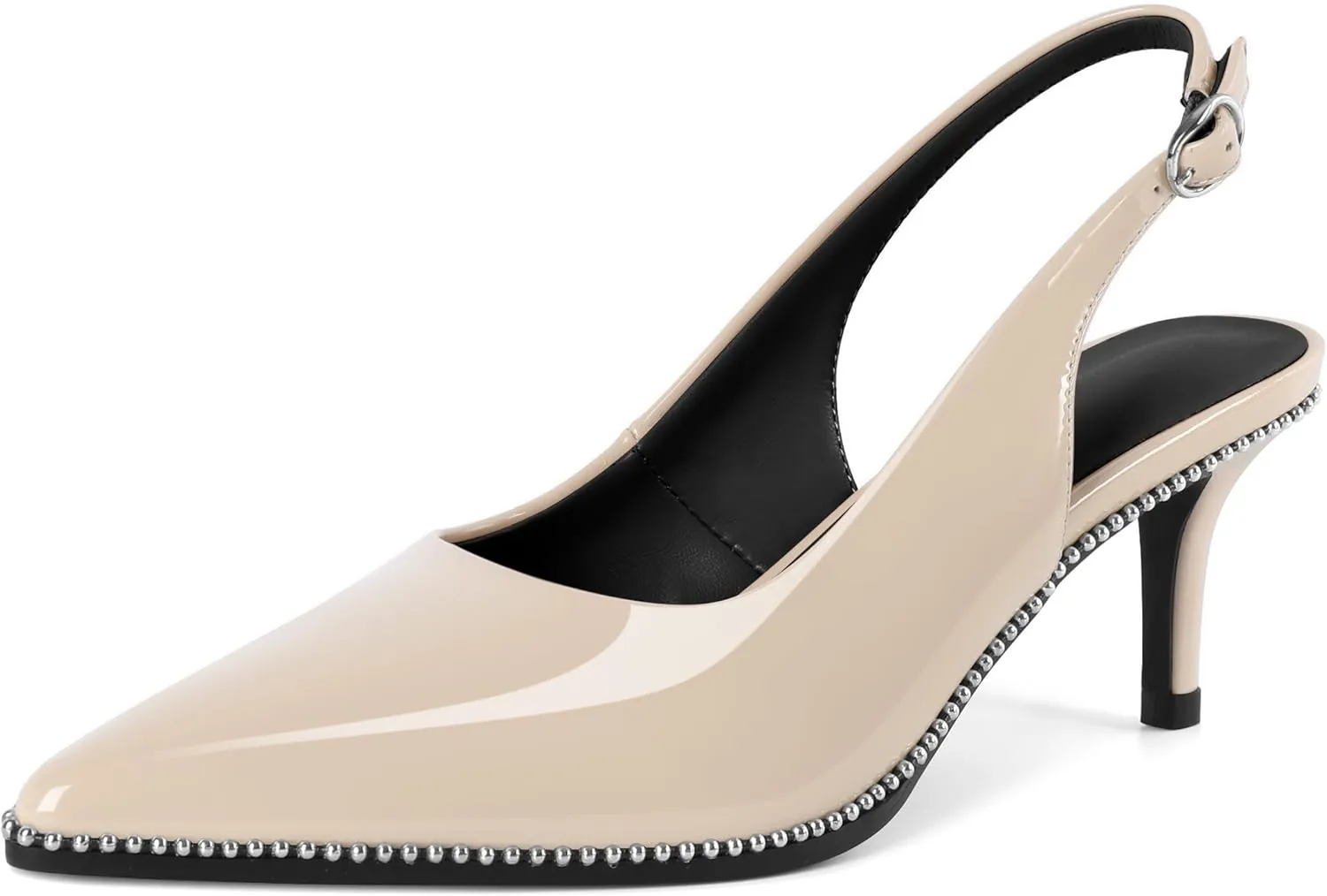 Sling Back Heels Women Sliver Beaded Kitten Pumps Closed Pointy Toe Mid Stiletto Heels Wedding Party Casual Dress Shoes Elegant 2.5 Inch Sandals