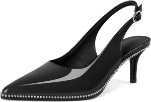 Sling Back Heels Women Sliver Beaded Kitten Pumps Closed Pointy Toe Mid Stiletto Heels Wedding Party Casual Dress Shoes Elegant 2.5 Inch Sandals