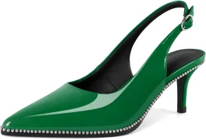 Sling Back Heels Women Sliver Beaded Kitten Pumps Closed Pointy Toe Mid Stiletto Heels Wedding Party Casual Dress Shoes Elegant 2.5 Inch Sandals