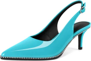Sling Back Heels Women Sliver Beaded Kitten Pumps Closed Pointy Toe Mid Stiletto Heels Wedding Party Casual Dress Shoes Elegant 2.5 Inch Sandals