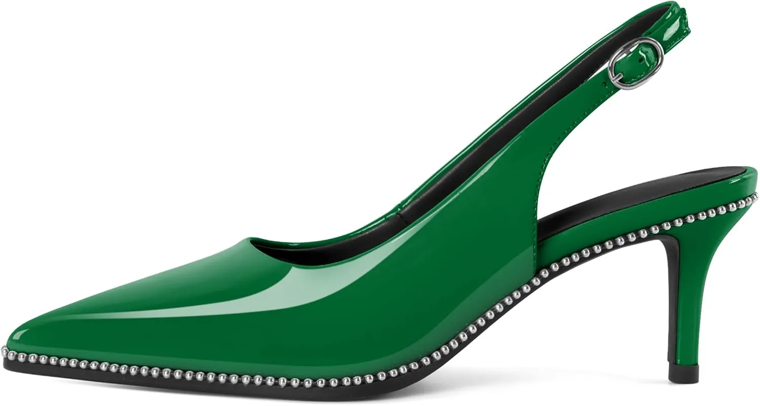 Sling Back Heels Women Sliver Beaded Kitten Pumps Closed Pointy Toe Mid Stiletto Heels Wedding Party Casual Dress Shoes Elegant 2.5 Inch Sandals