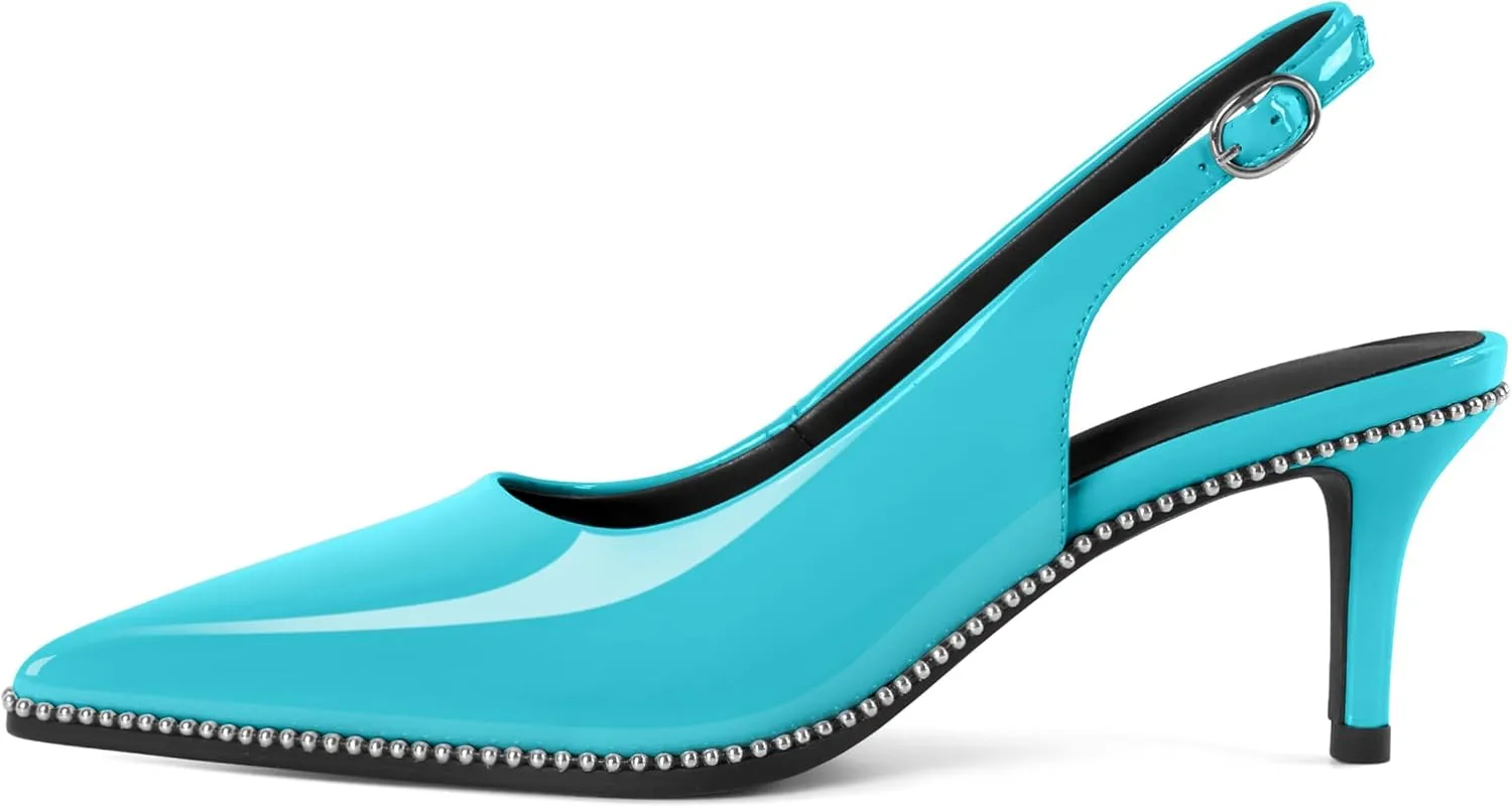 Sling Back Heels Women Sliver Beaded Kitten Pumps Closed Pointy Toe Mid Stiletto Heels Wedding Party Casual Dress Shoes Elegant 2.5 Inch Sandals