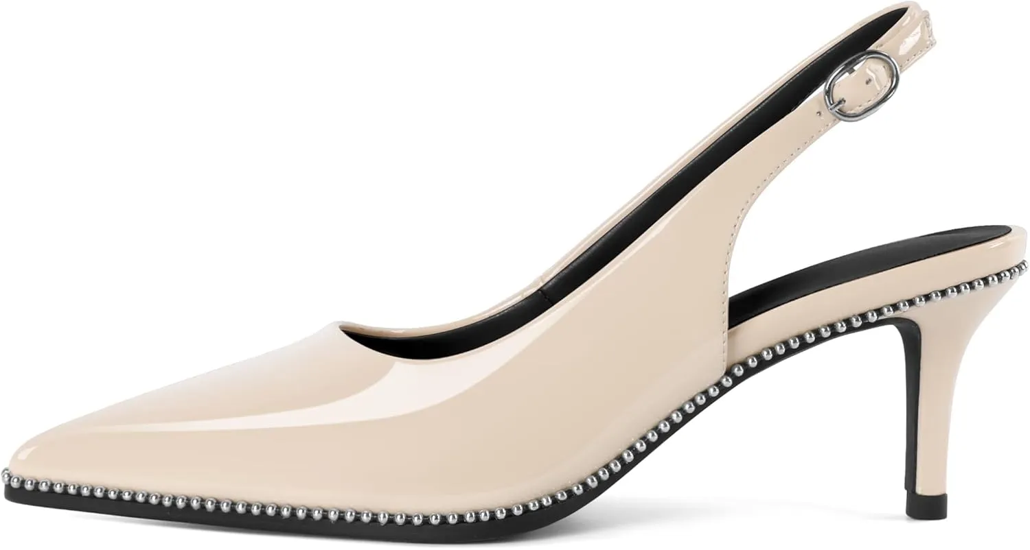 Sling Back Heels Women Sliver Beaded Kitten Pumps Closed Pointy Toe Mid Stiletto Heels Wedding Party Casual Dress Shoes Elegant 2.5 Inch Sandals