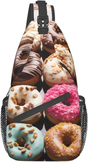 Sling Backpack Bag Different Flavors Of Doughnuts Print Crossbody Chest Bag Adjustable Shoulder Bag Travel Hiking Daypack Unisex