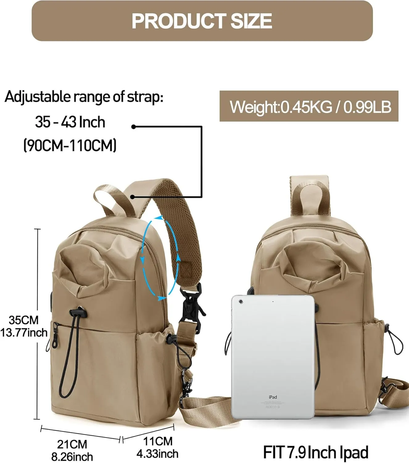 Sling Backpack bag for Men Khaki, Tactical BackpackSmall One Strap Daypack, Mini Anti-Theft Cross Body Motorcycle Chest Bags, Satchel Bag for Casual Travel Hiking Outdoor Sports Gym
