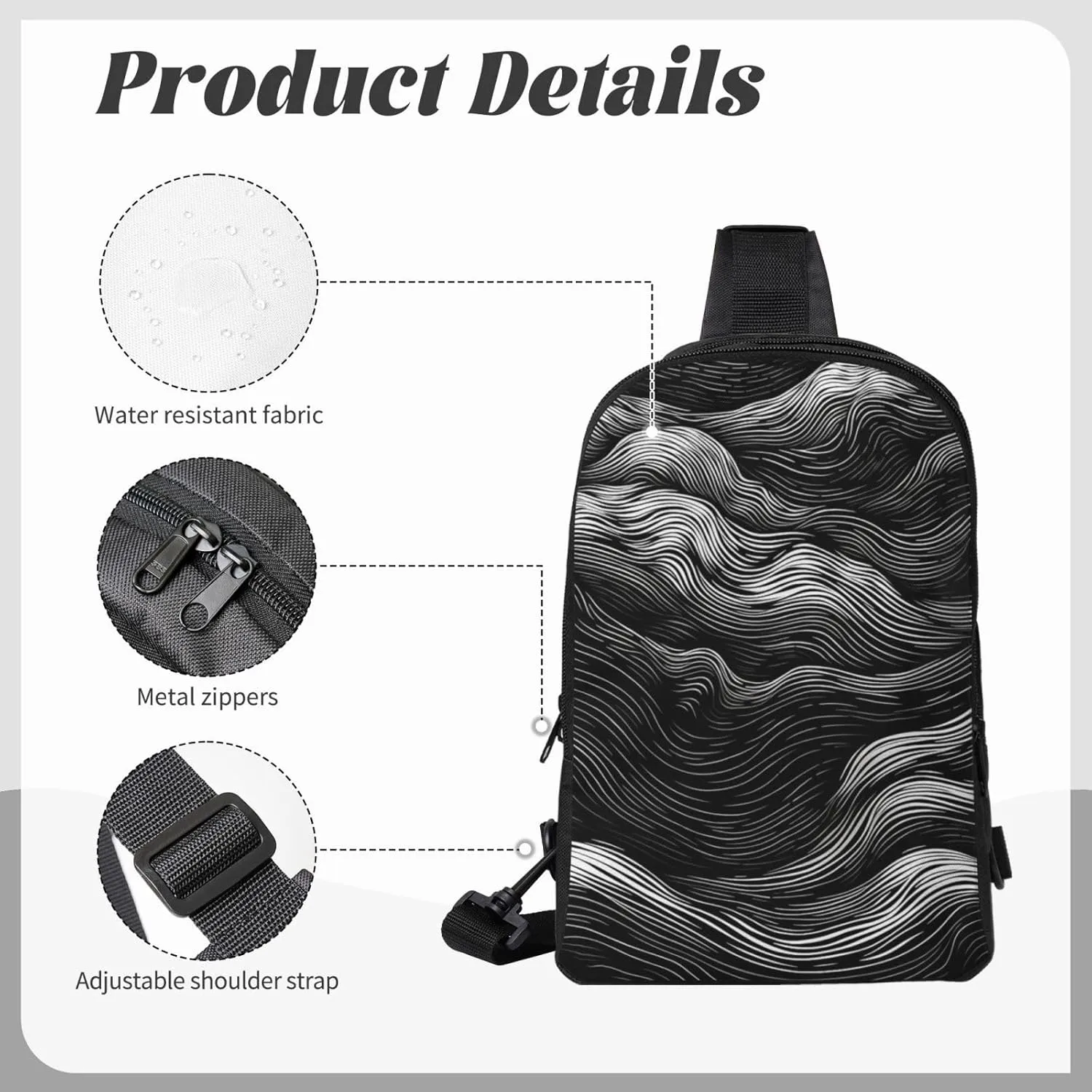 Sling Backpack Crossbody Sling Bag for Men Women Cross Chest Bag Black and White Wavy Lines Shoulder Bag Travel Hiking Daypack