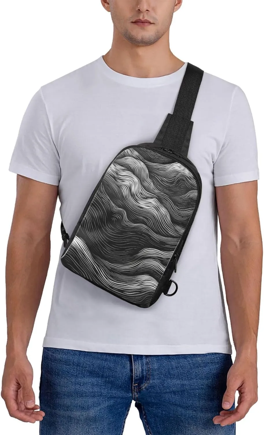 Sling Backpack Crossbody Sling Bag for Men Women Cross Chest Bag Black and White Wavy Lines Shoulder Bag Travel Hiking Daypack