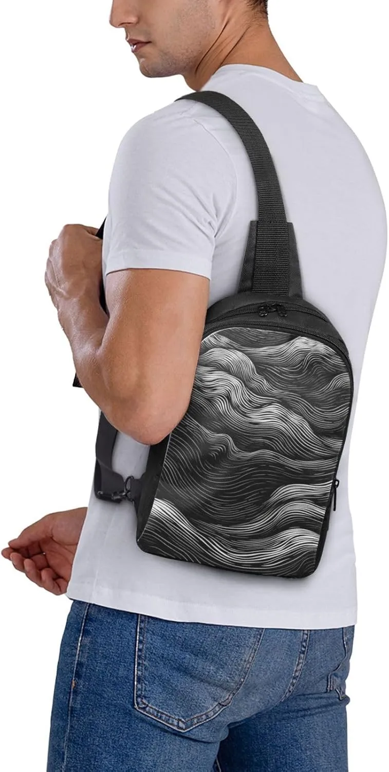 Sling Backpack Crossbody Sling Bag for Men Women Cross Chest Bag Black and White Wavy Lines Shoulder Bag Travel Hiking Daypack