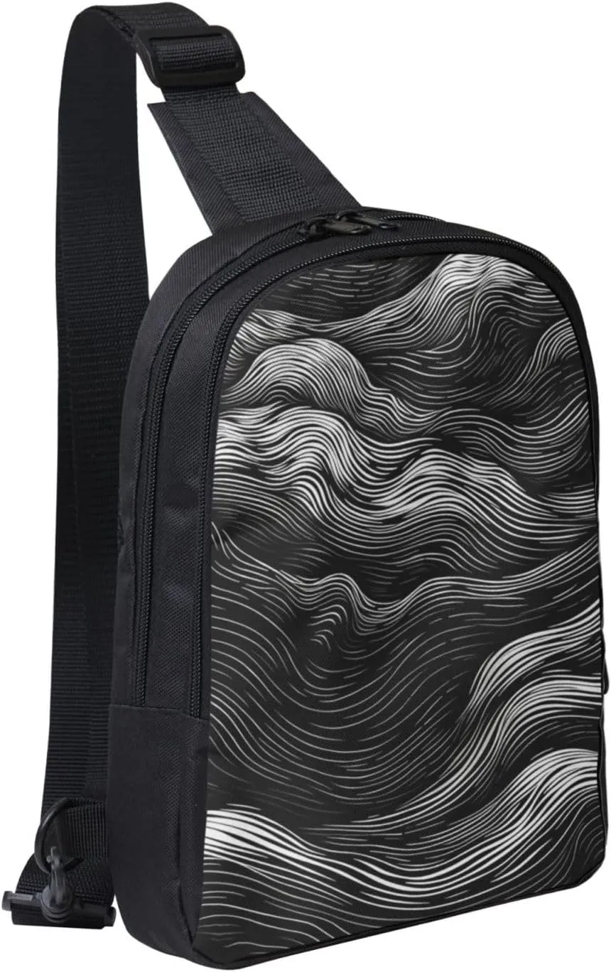 Sling Backpack Crossbody Sling Bag for Men Women Cross Chest Bag Black and White Wavy Lines Shoulder Bag Travel Hiking Daypack
