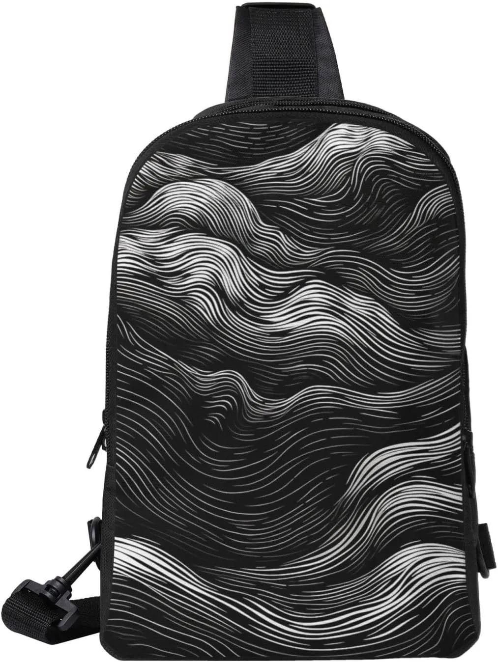 Sling Backpack Crossbody Sling Bag for Men Women Cross Chest Bag Black and White Wavy Lines Shoulder Bag Travel Hiking Daypack