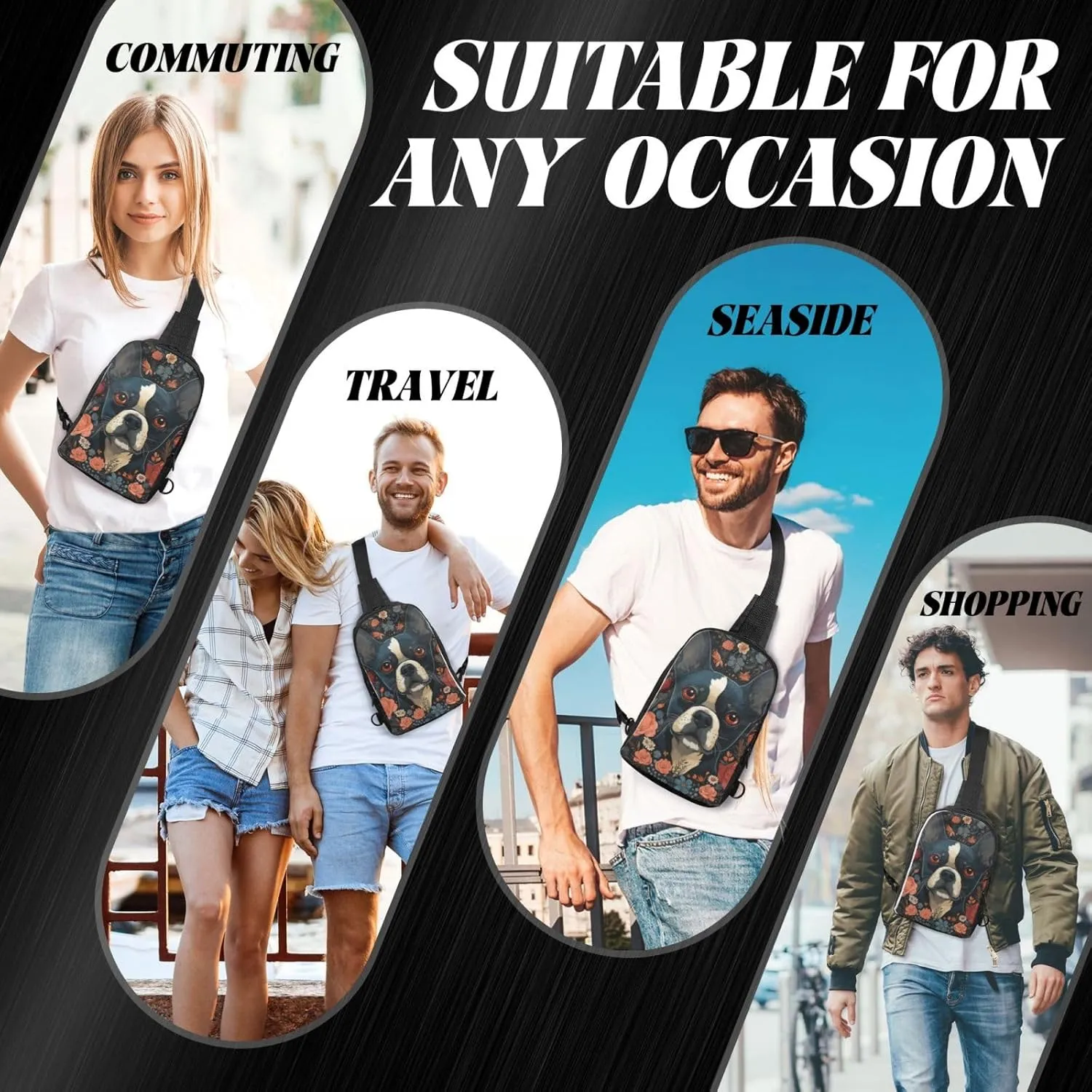 Sling Backpack Crossbody Sling Bag for Men Women Cross Chest Bag Boston Terrier Puppy Shoulder Bag Travel Hiking Daypack