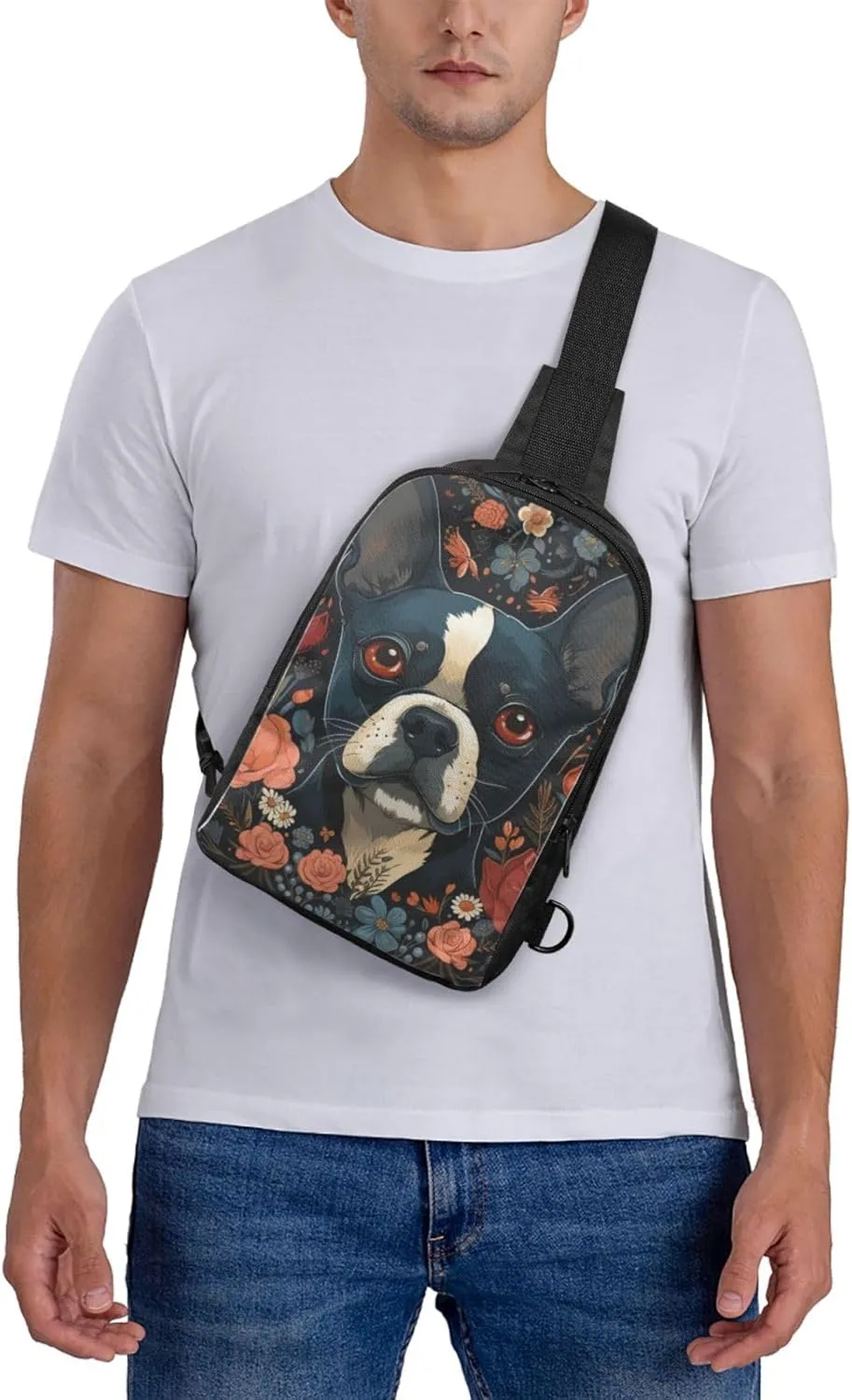 Sling Backpack Crossbody Sling Bag for Men Women Cross Chest Bag Boston Terrier Puppy Shoulder Bag Travel Hiking Daypack