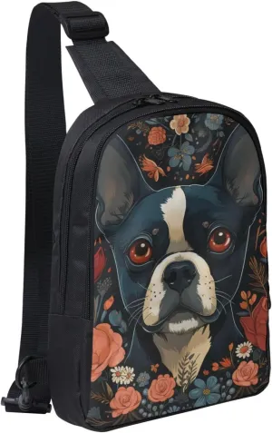 Sling Backpack Crossbody Sling Bag for Men Women Cross Chest Bag Boston Terrier Puppy Shoulder Bag Travel Hiking Daypack
