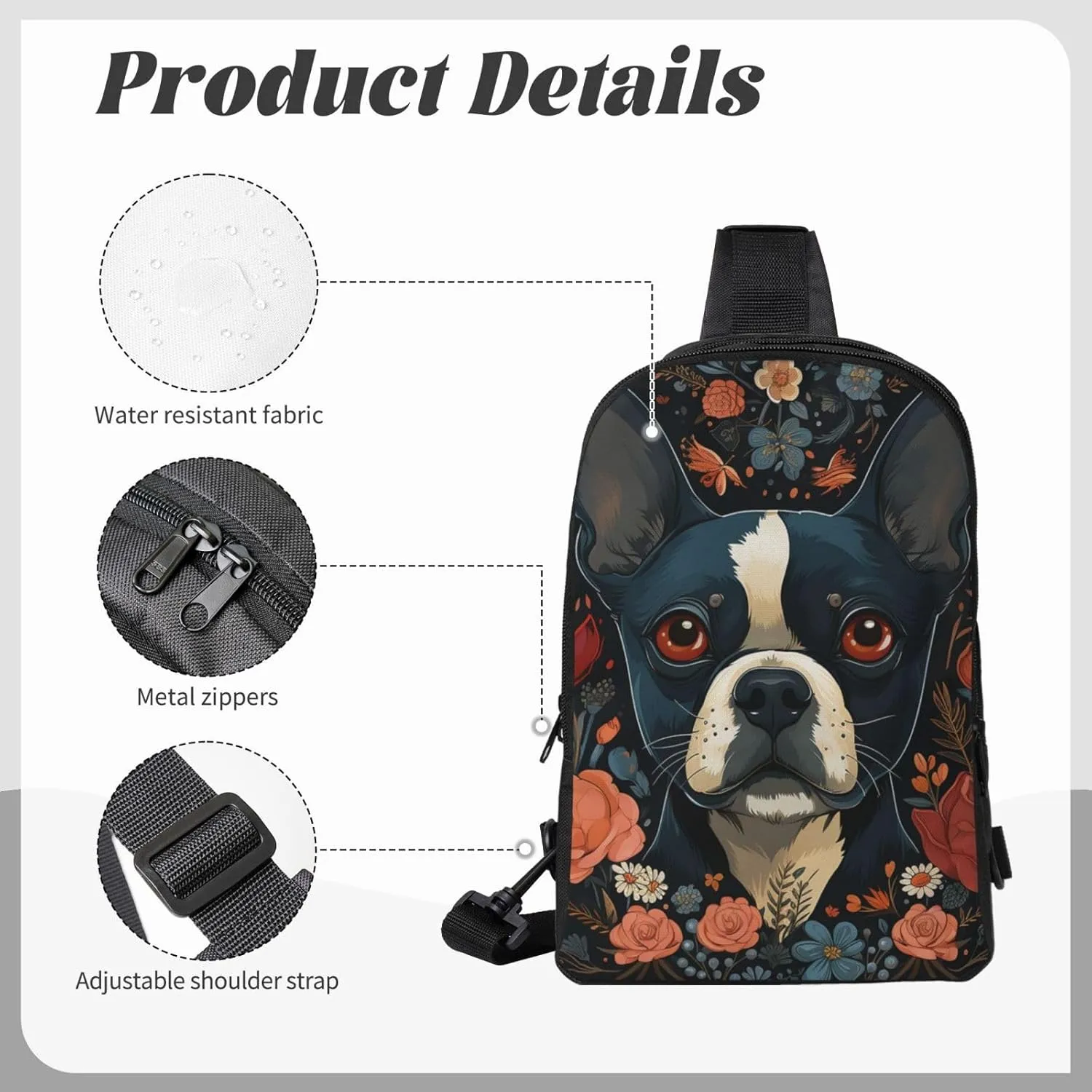 Sling Backpack Crossbody Sling Bag for Men Women Cross Chest Bag Boston Terrier Puppy Shoulder Bag Travel Hiking Daypack