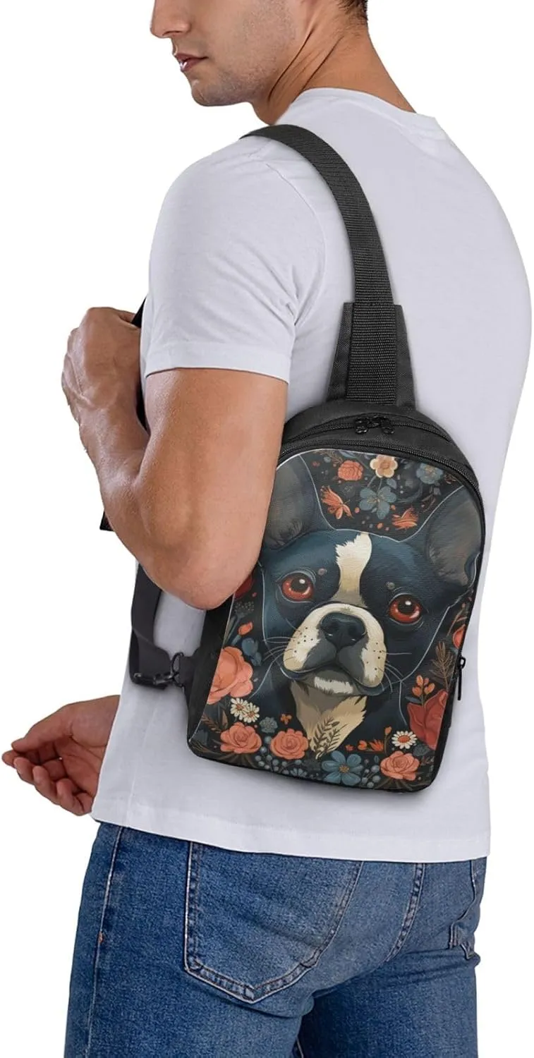 Sling Backpack Crossbody Sling Bag for Men Women Cross Chest Bag Boston Terrier Puppy Shoulder Bag Travel Hiking Daypack