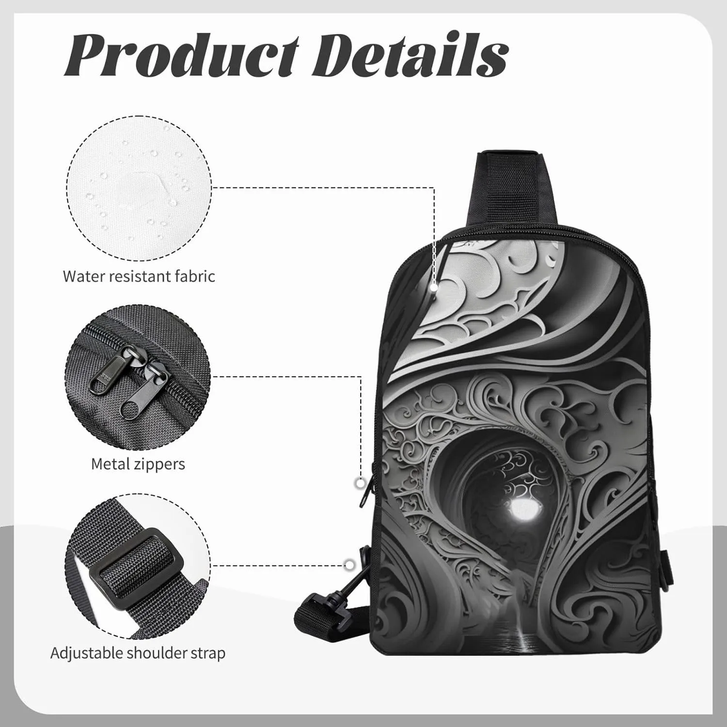 Sling Backpack Crossbody Sling Bag for Men Women Cross Chest Bag Complex Black and White Shoulder Bag Travel Hiking Daypack