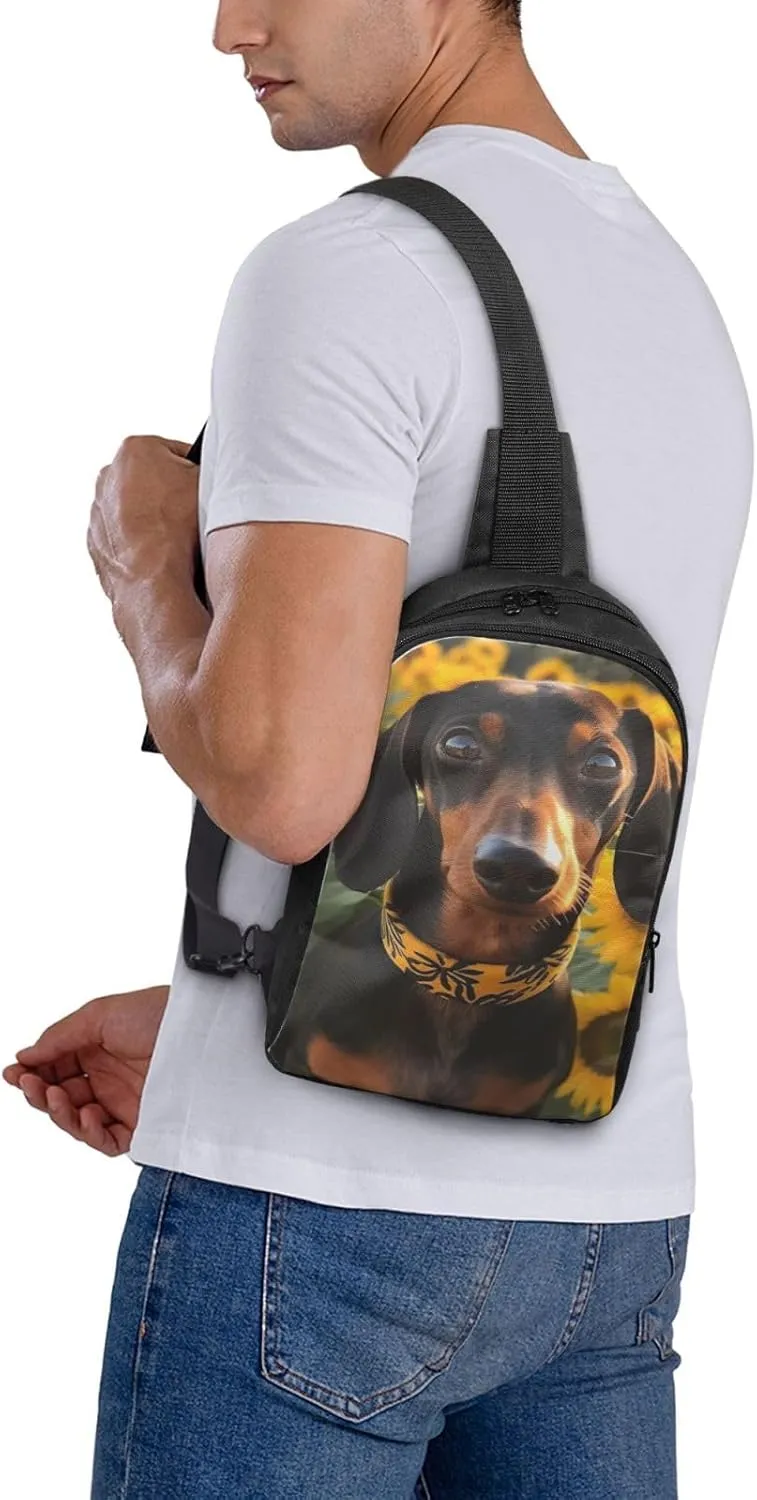 Sling Backpack Crossbody Sling Bag for Men Women Cross Chest Bag Dachshund and sunflower Shoulder Bag Travel Hiking Daypack