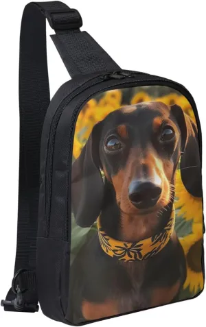 Sling Backpack Crossbody Sling Bag for Men Women Cross Chest Bag Dachshund and sunflower Shoulder Bag Travel Hiking Daypack