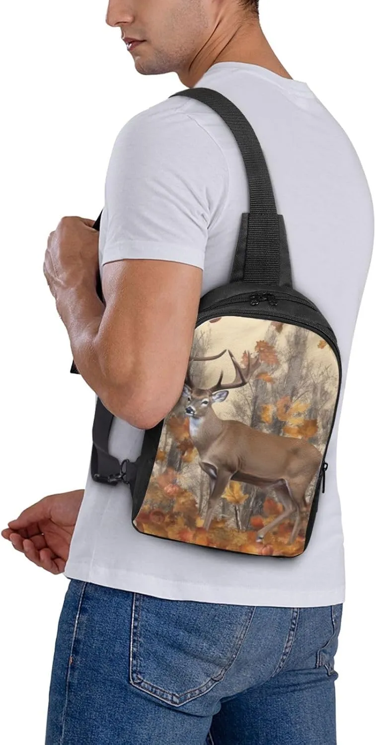Sling Backpack Crossbody Sling Bag for Men Women Cross Chest Bag Deer and acorns with autumn Shoulder Bag Travel Hiking Daypack