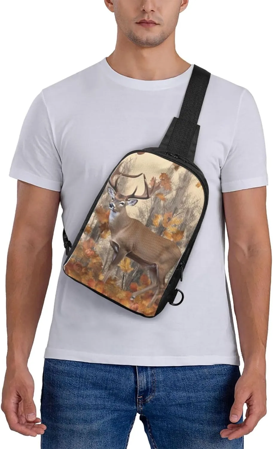 Sling Backpack Crossbody Sling Bag for Men Women Cross Chest Bag Deer and acorns with autumn Shoulder Bag Travel Hiking Daypack