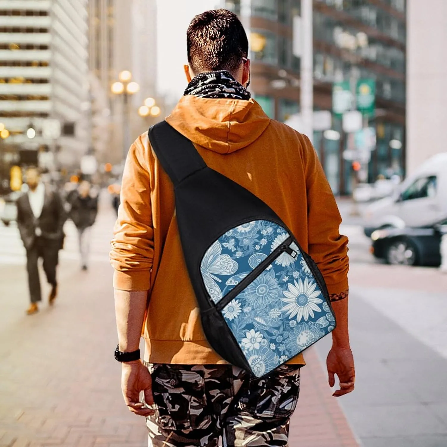 Sling Backpack for Women Men Crossbody Chest Bag Travel Blue Flower Pattern Daypack Shoulder Bag for Hiking