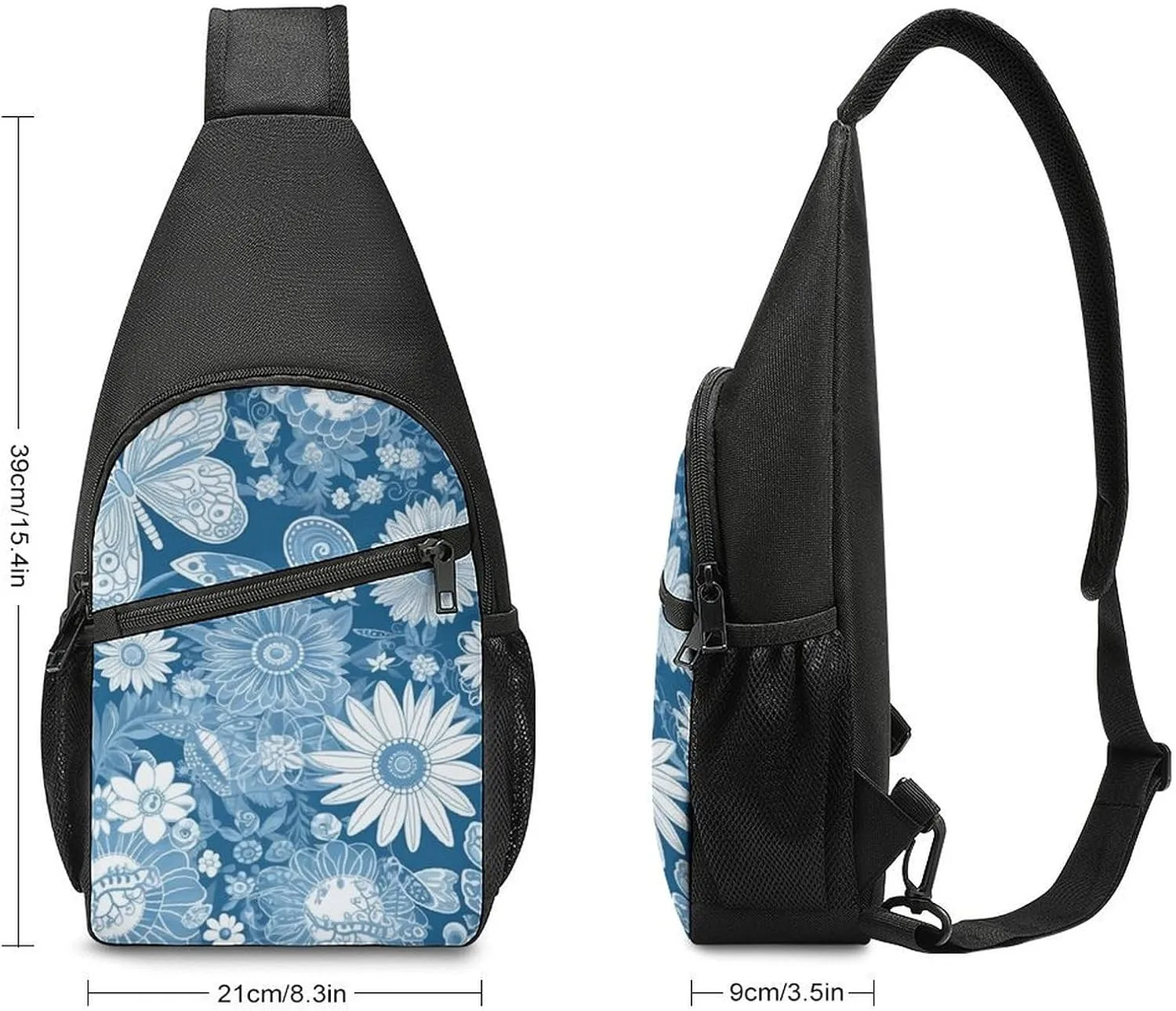 Sling Backpack for Women Men Crossbody Chest Bag Travel Blue Flower Pattern Daypack Shoulder Bag for Hiking