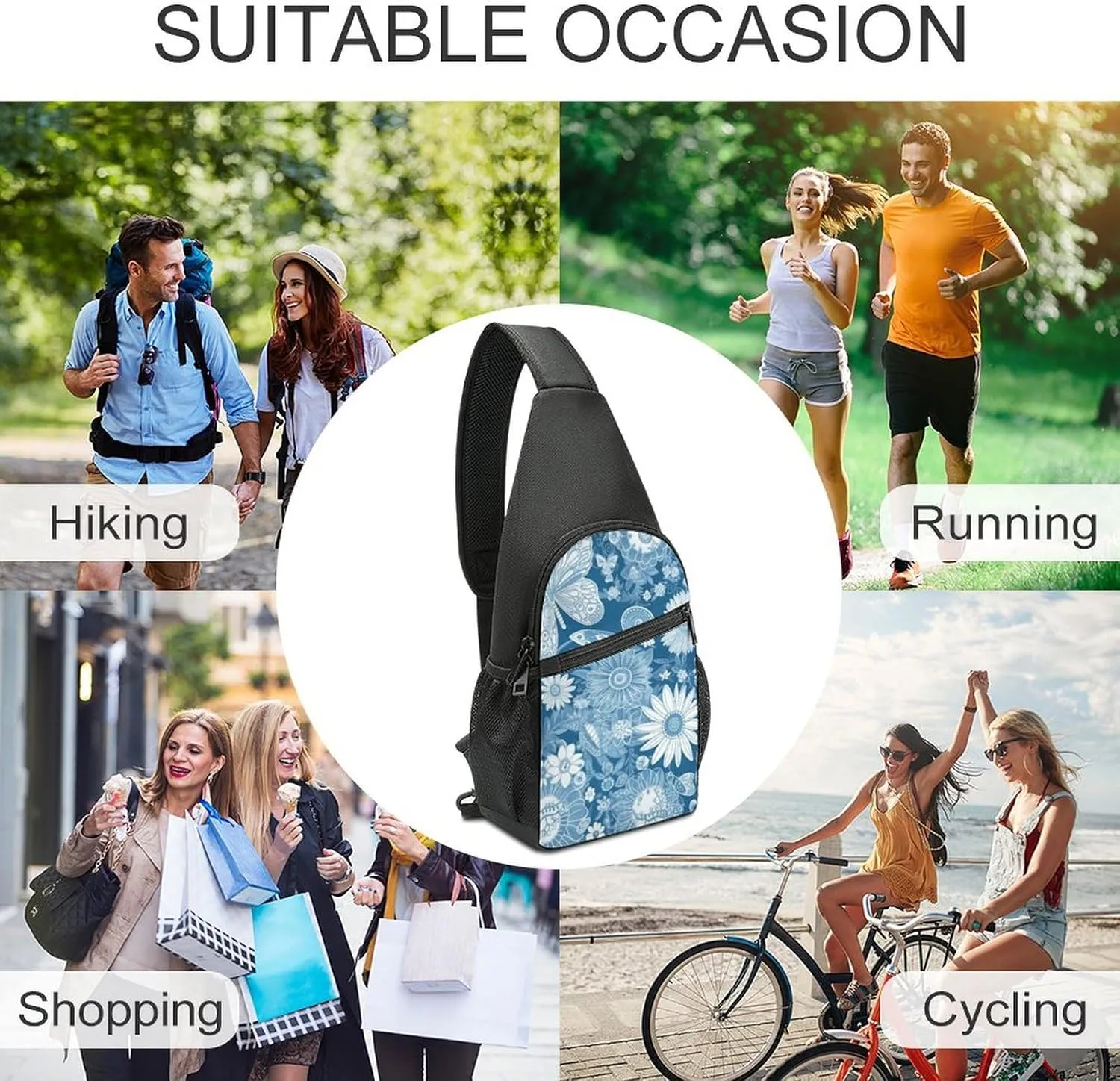 Sling Backpack for Women Men Crossbody Chest Bag Travel Blue Flower Pattern Daypack Shoulder Bag for Hiking