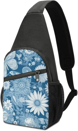 Sling Backpack for Women Men Crossbody Chest Bag Travel Blue Flower Pattern Daypack Shoulder Bag for Hiking