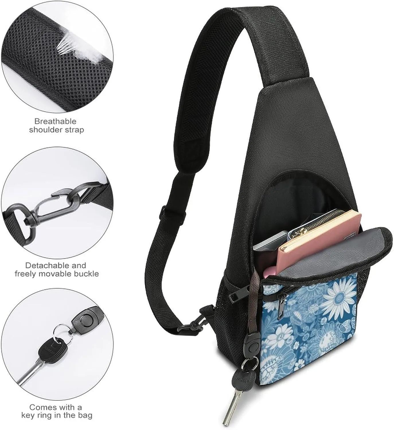 Sling Backpack for Women Men Crossbody Chest Bag Travel Blue Flower Pattern Daypack Shoulder Bag for Hiking