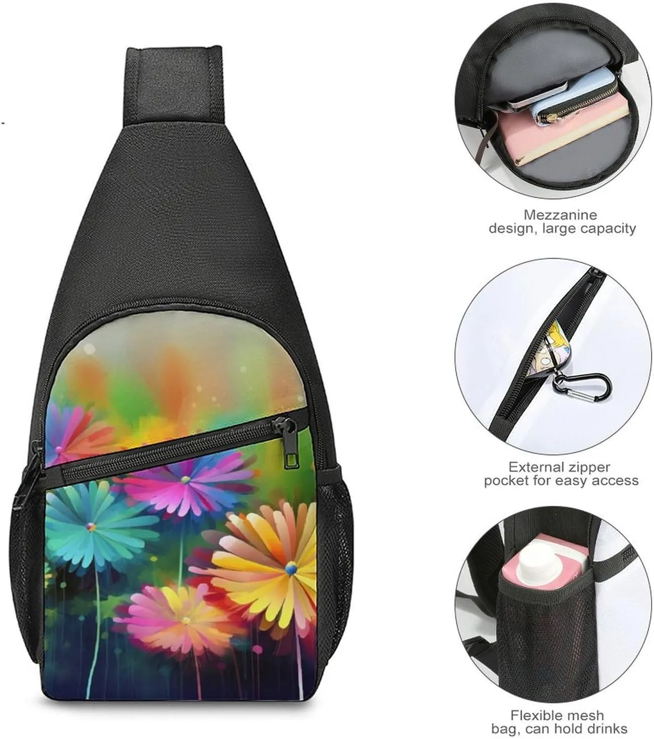 Sling Backpack for Women Men Crossbody Chest Bag Travel Colorful Flowers Daypack Shoulder Bag for Hiking