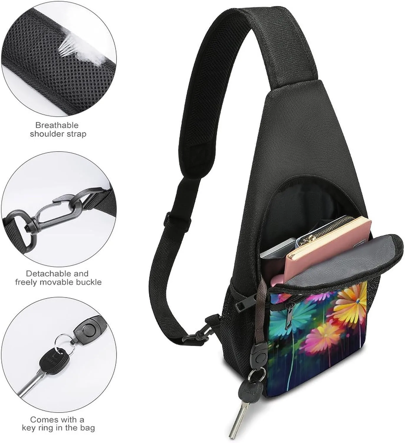 Sling Backpack for Women Men Crossbody Chest Bag Travel Colorful Flowers Daypack Shoulder Bag for Hiking