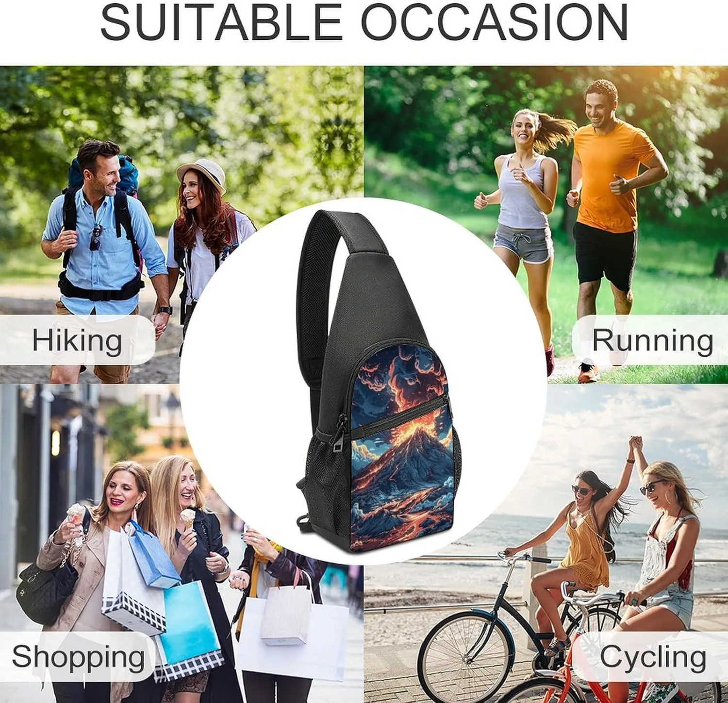 Sling Backpack for Women Men Crossbody Chest Bag Travel Depicts A Volcano Daypack Shoulder Bag for Hiking