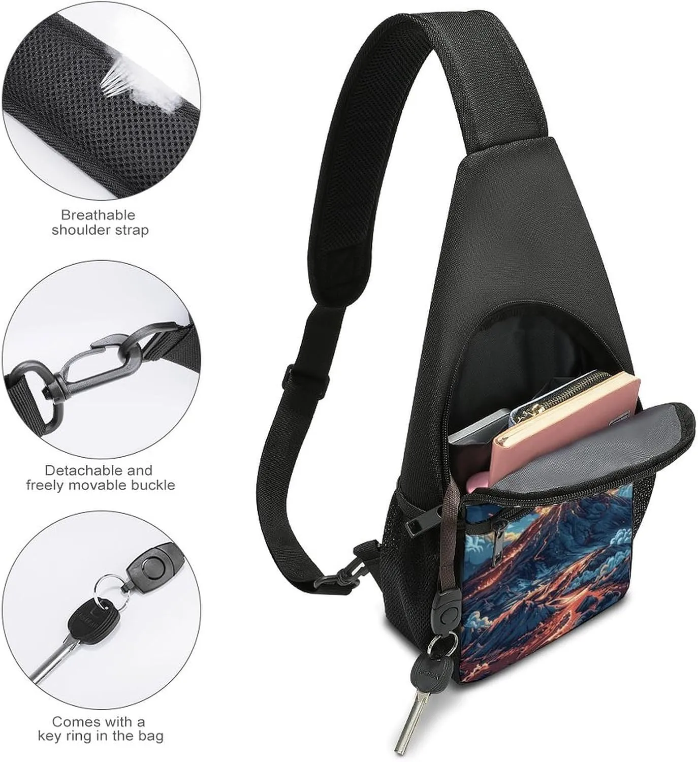 Sling Backpack for Women Men Crossbody Chest Bag Travel Depicts A Volcano Daypack Shoulder Bag for Hiking