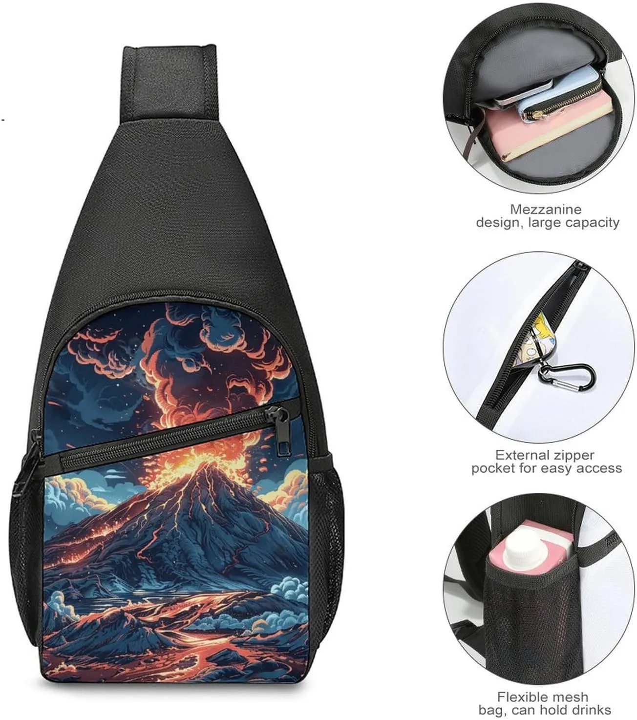 Sling Backpack for Women Men Crossbody Chest Bag Travel Depicts A Volcano Daypack Shoulder Bag for Hiking