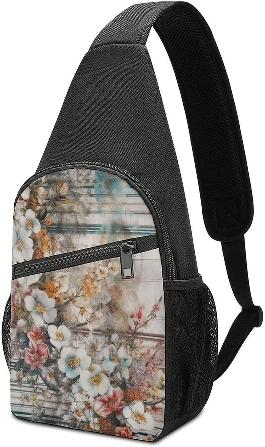 Sling Backpack for Women Men Crossbody Chest Bag Travel Flowers And Stripes Daypack Shoulder Bag for Hiking