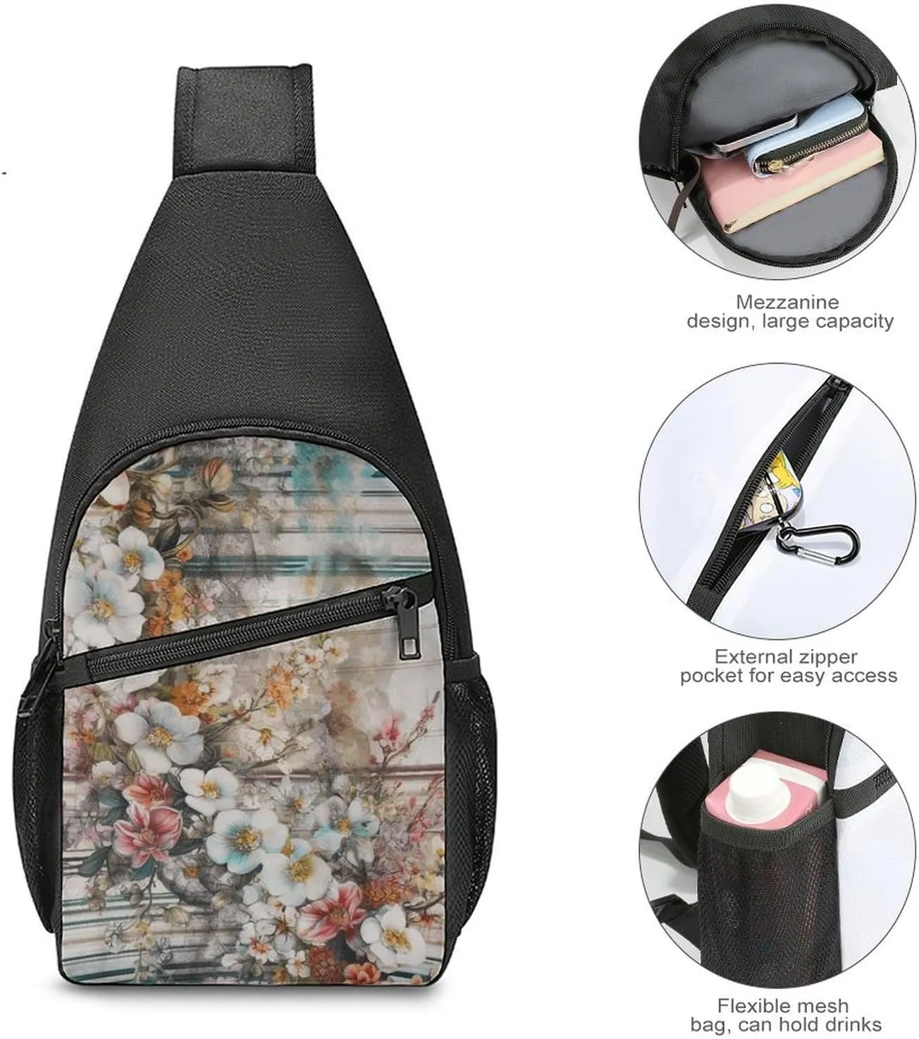 Sling Backpack for Women Men Crossbody Chest Bag Travel Flowers And Stripes Daypack Shoulder Bag for Hiking