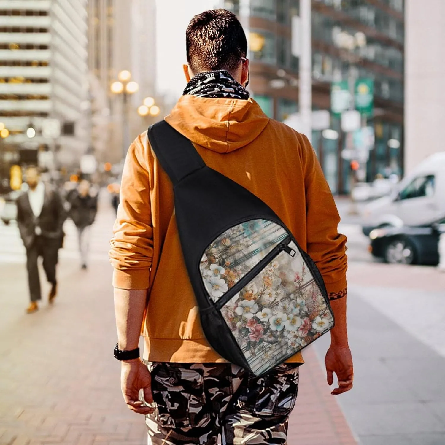 Sling Backpack for Women Men Crossbody Chest Bag Travel Flowers And Stripes Daypack Shoulder Bag for Hiking