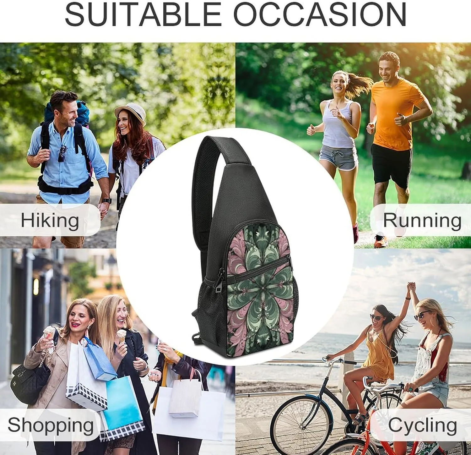 Sling Backpack for Women Men Crossbody Chest Bag Travel Green Abstract Pattern Daypack Shoulder Bag for Hiking