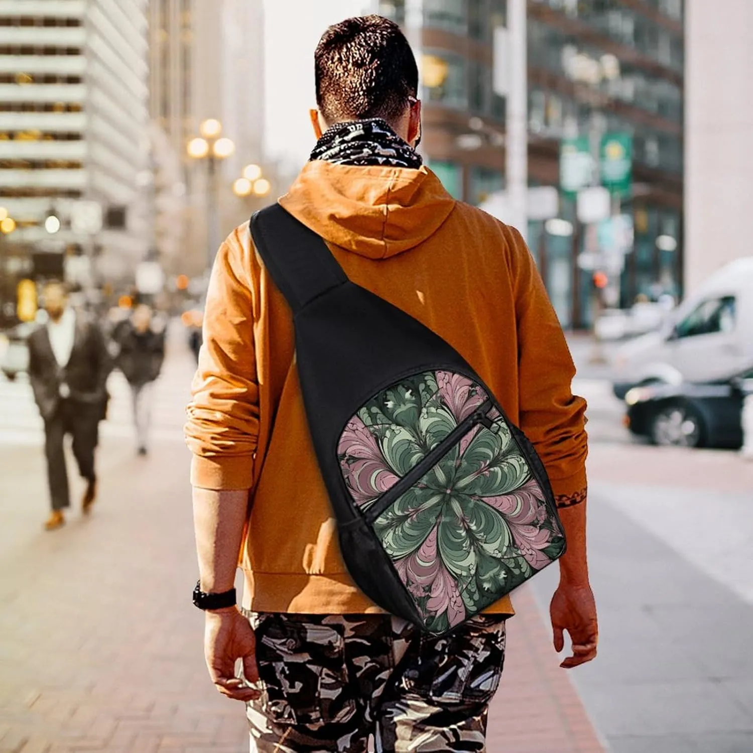 Sling Backpack for Women Men Crossbody Chest Bag Travel Green Abstract Pattern Daypack Shoulder Bag for Hiking