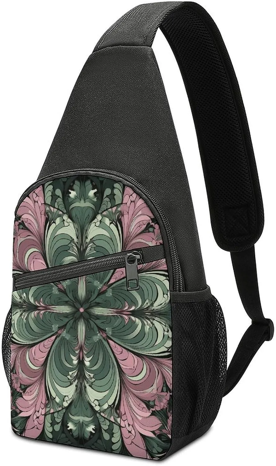 Sling Backpack for Women Men Crossbody Chest Bag Travel Green Abstract Pattern Daypack Shoulder Bag for Hiking