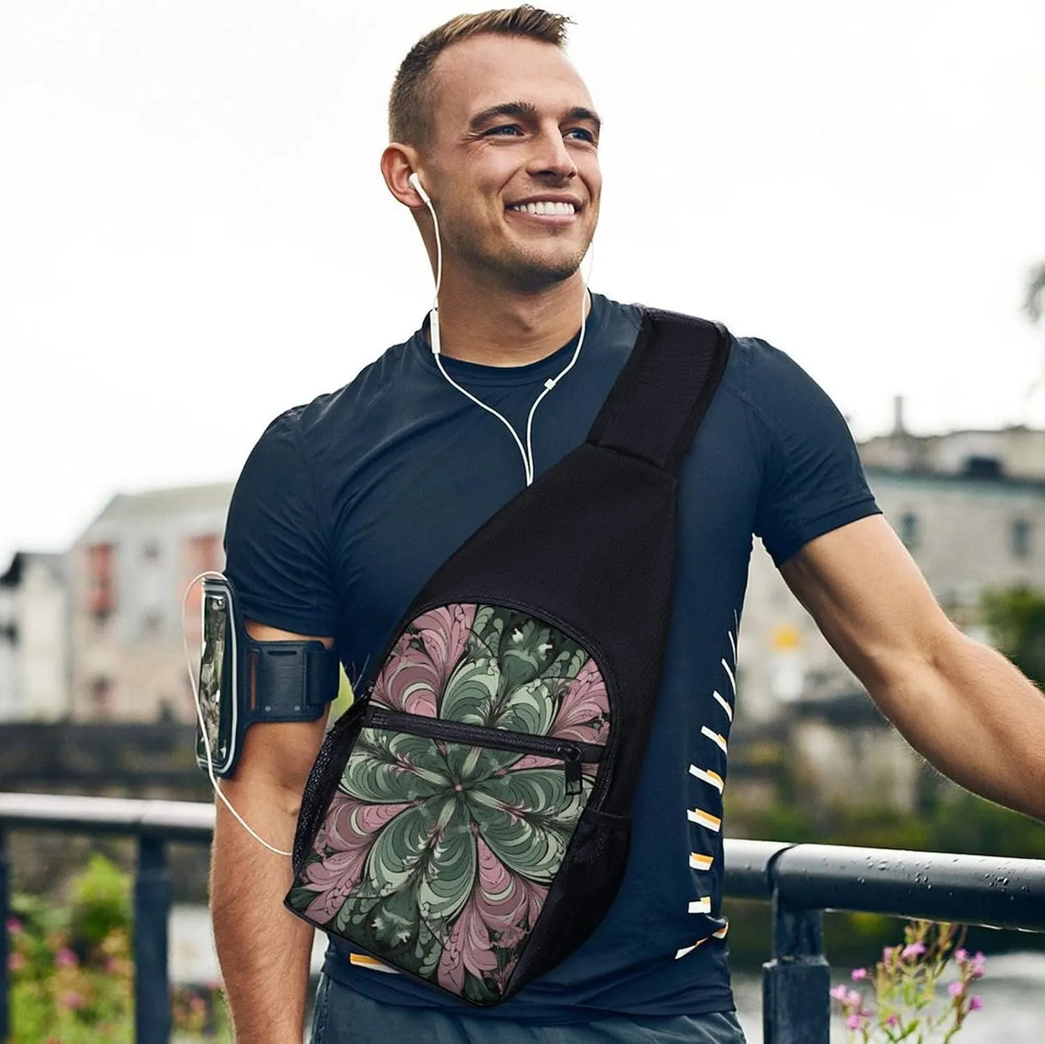 Sling Backpack for Women Men Crossbody Chest Bag Travel Green Abstract Pattern Daypack Shoulder Bag for Hiking