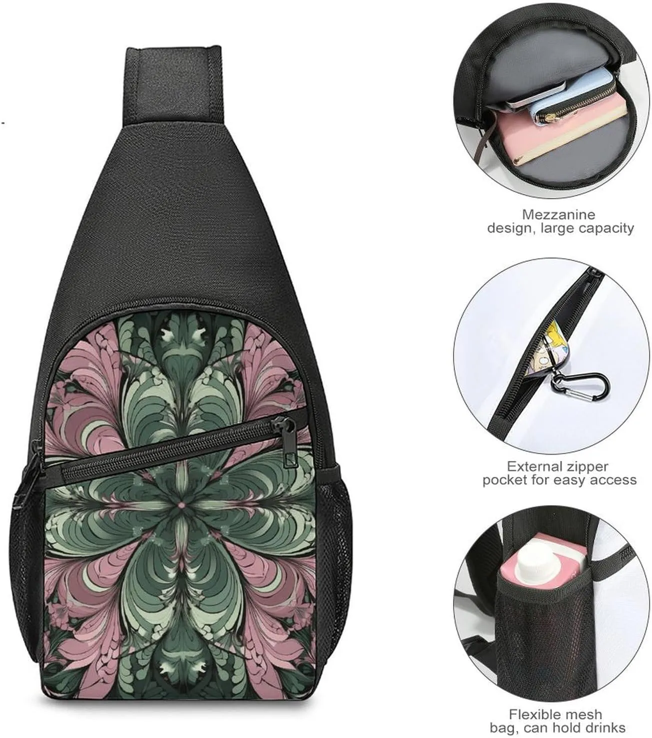 Sling Backpack for Women Men Crossbody Chest Bag Travel Green Abstract Pattern Daypack Shoulder Bag for Hiking