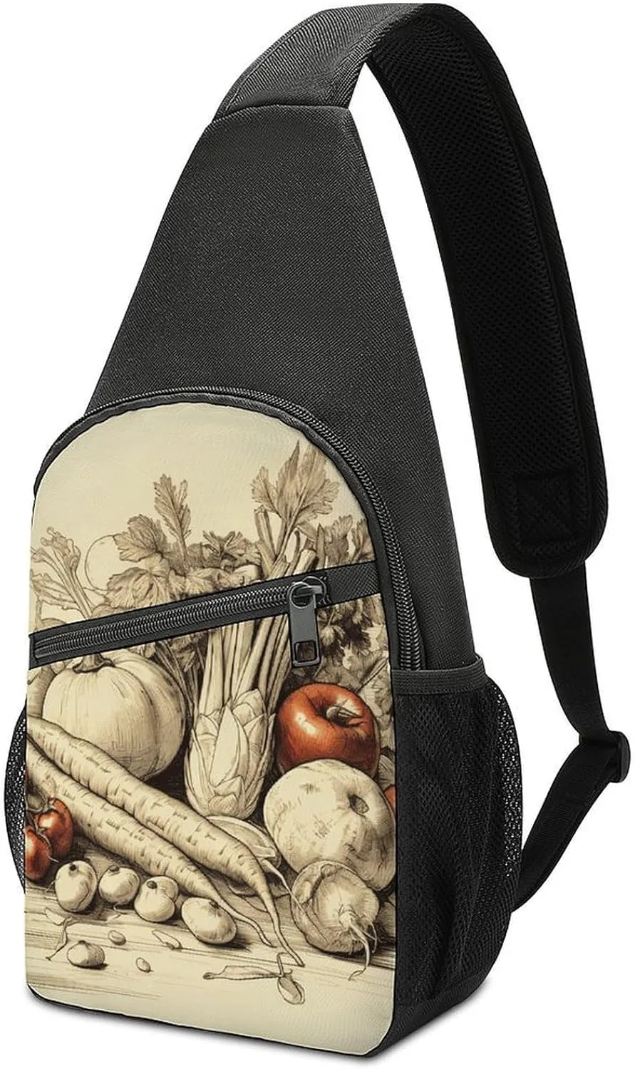 Sling Backpack for Women Men Crossbody Chest Bag Travel Hand Drawn Vegetables Daypack Shoulder Bag for Hiking