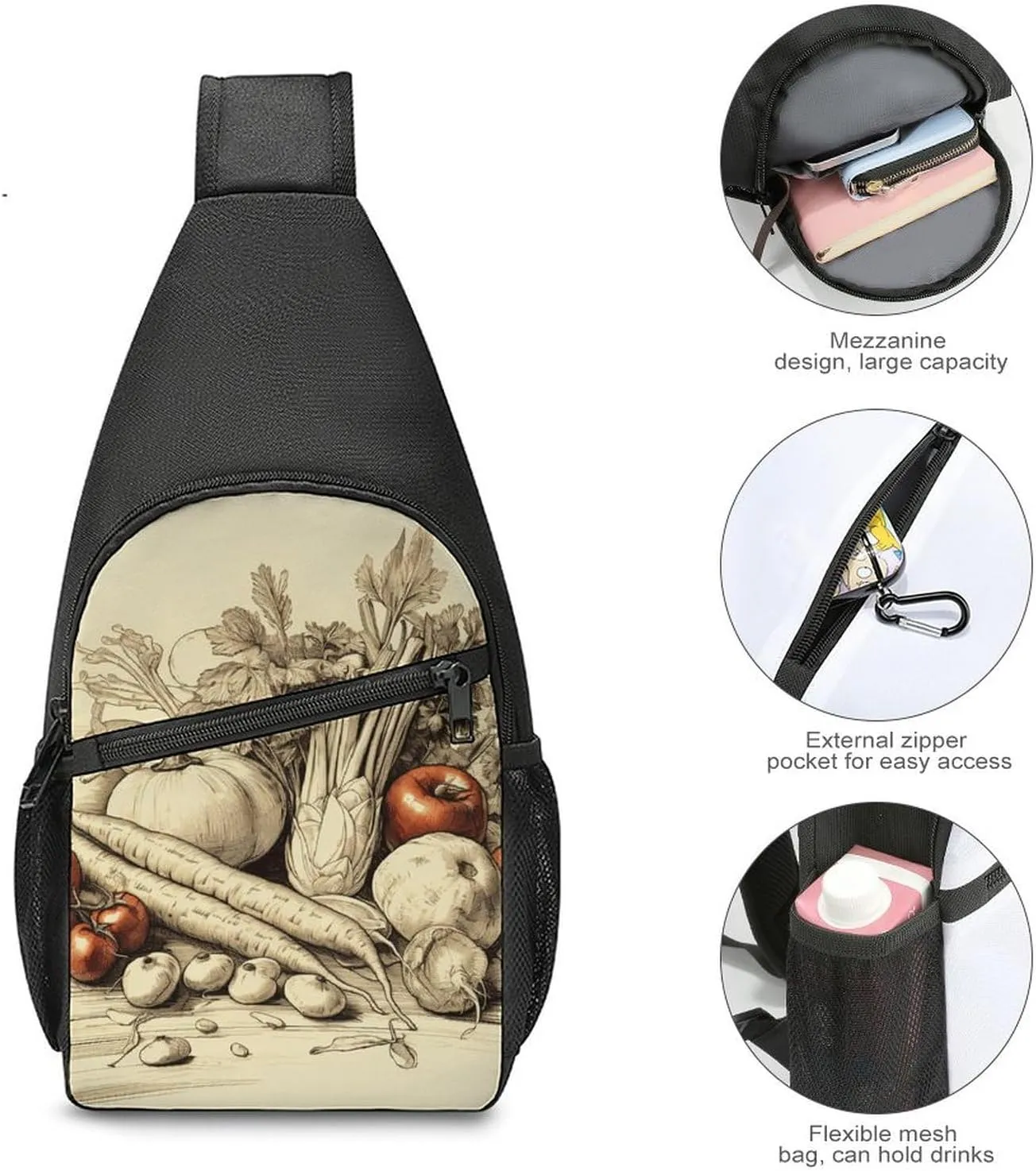 Sling Backpack for Women Men Crossbody Chest Bag Travel Hand Drawn Vegetables Daypack Shoulder Bag for Hiking