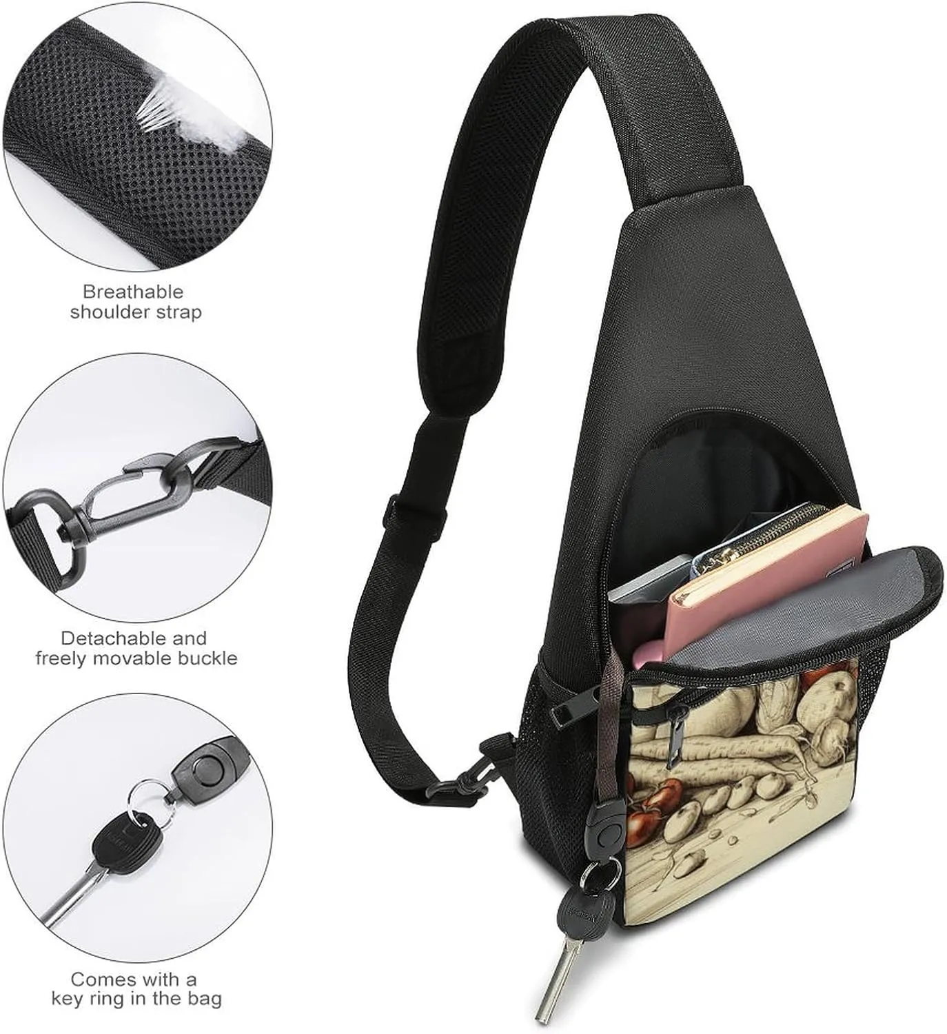 Sling Backpack for Women Men Crossbody Chest Bag Travel Hand Drawn Vegetables Daypack Shoulder Bag for Hiking