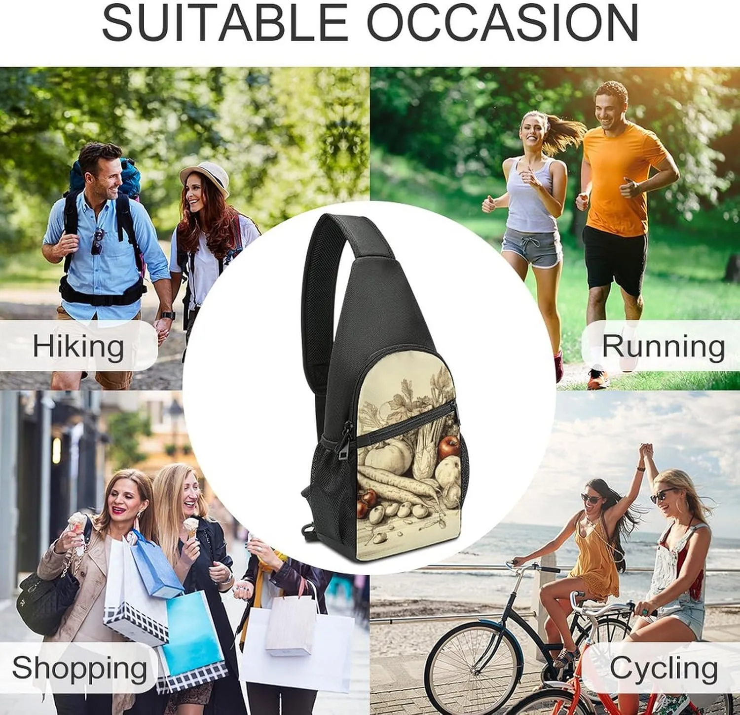 Sling Backpack for Women Men Crossbody Chest Bag Travel Hand Drawn Vegetables Daypack Shoulder Bag for Hiking
